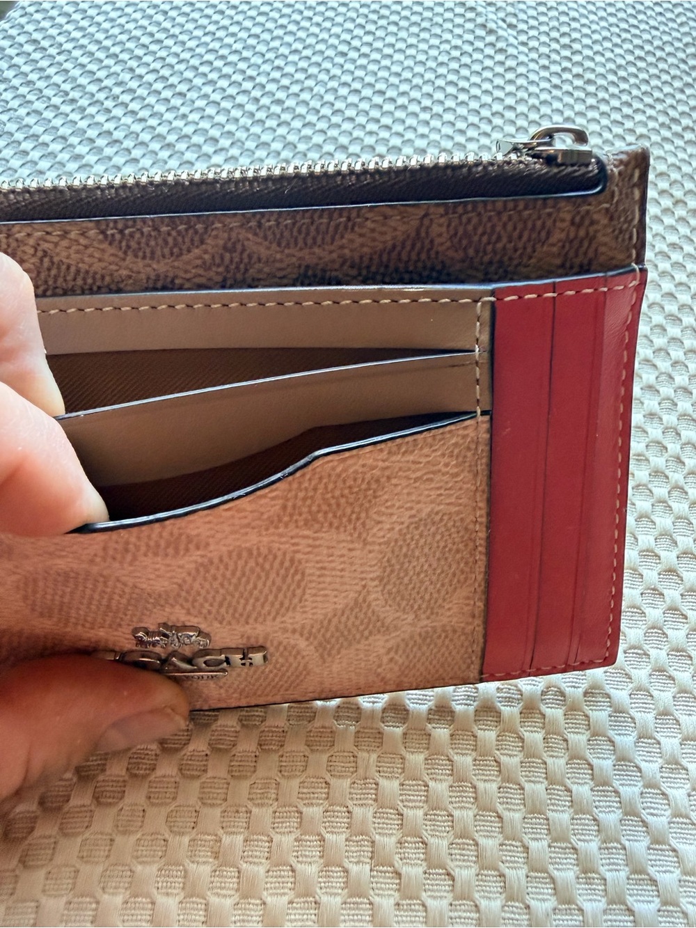 Coach Pink, Tan & Brown Leather Card Holder with Raspberry Accent - Picture 8 of 12